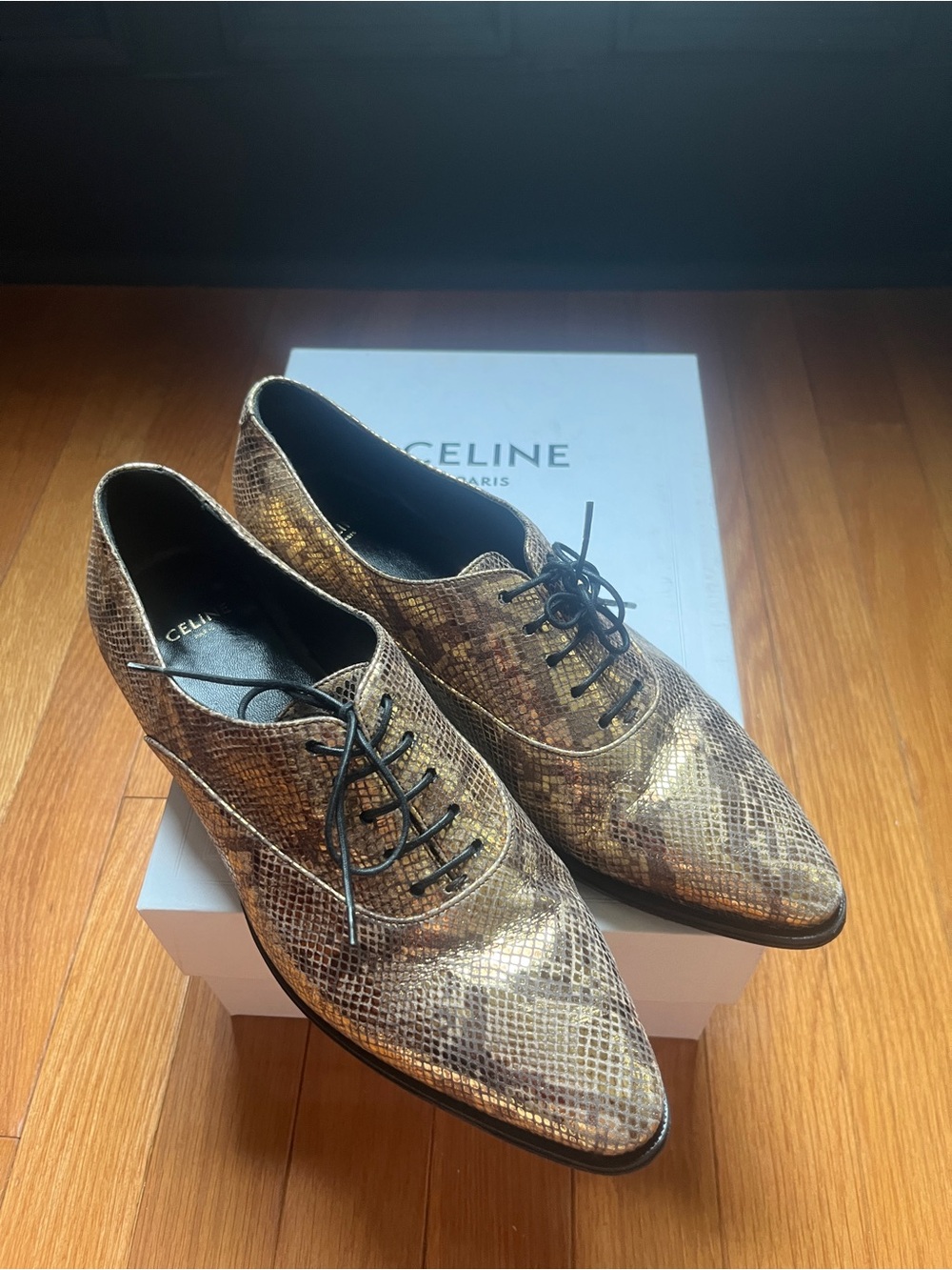 Celine Metallic Gold Snakeskin Lace-Up Oxfords size 38